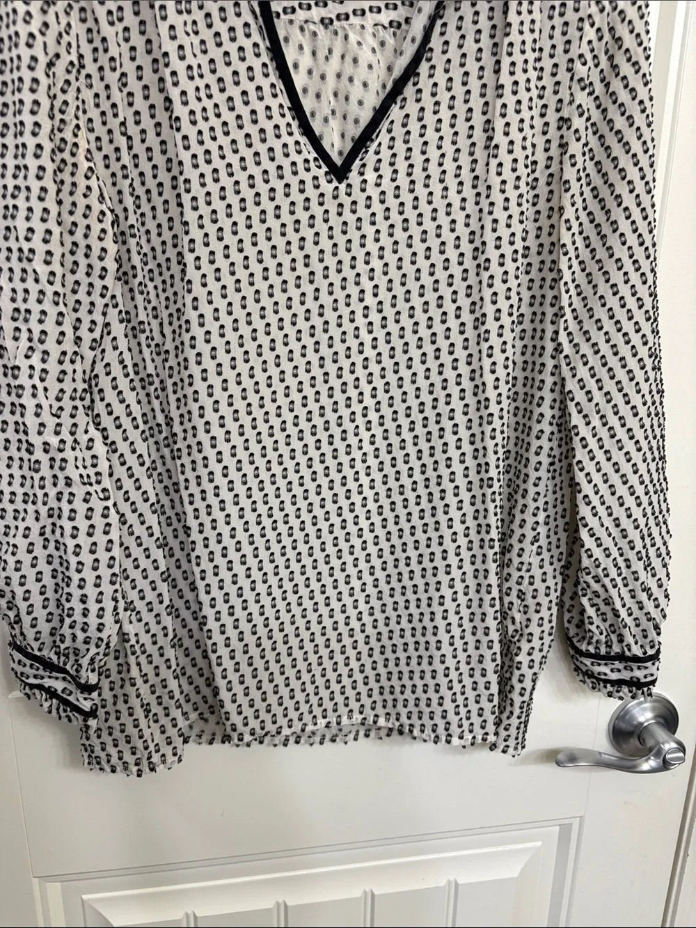 J. Crew Black & Off-White Patterned V-Neck Silk blend Blouse